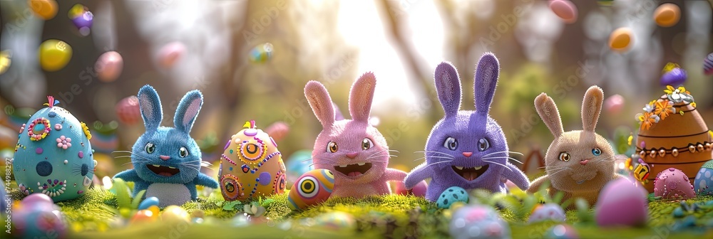 Easter concept with kawaii easter bunny and eggs in the spring outdoors in modern 3D animation style