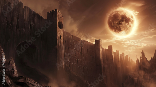 Gaint wall in fantasy setting with giant moon photo