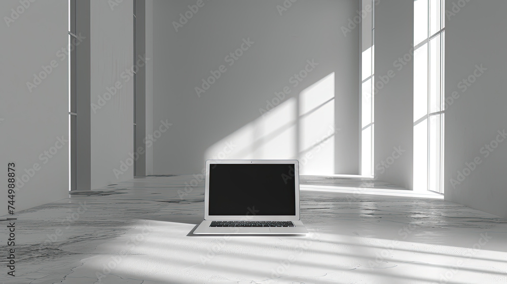 An open laptop in an empty bright room. An open laptop in an empty bright room.