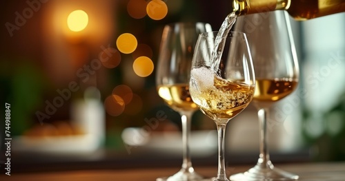 Capturing the Moment White Wine Cascades from Bottle to Glass Over a Dreamlike Blur