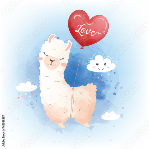 Cute alpaca on the balloons. happy valentine's day greeting card. love is in the air.