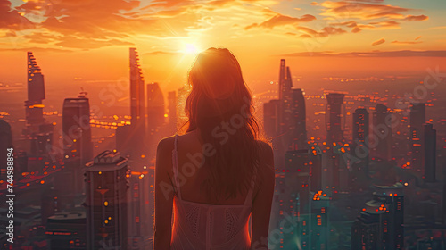 A view from the back of the silhouette of a girl against the background of a megalopolis.