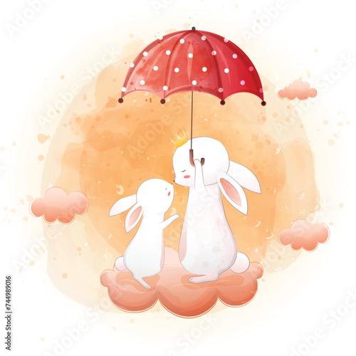 cute Bunny love in the rain golden sky