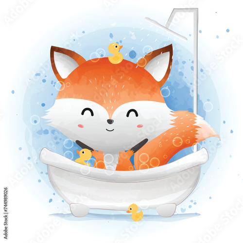 Cute fox in a bubble bath