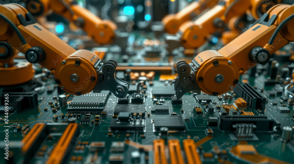 A high-tech image showcasing robotic arms engaged in precision work on an electronic circuit board, depicting automation in electronics manufacturing. A high-tech image showcasing robotic arms engaged in precision work on an electronic circuit board, depicting automation in electronics manufacturing.