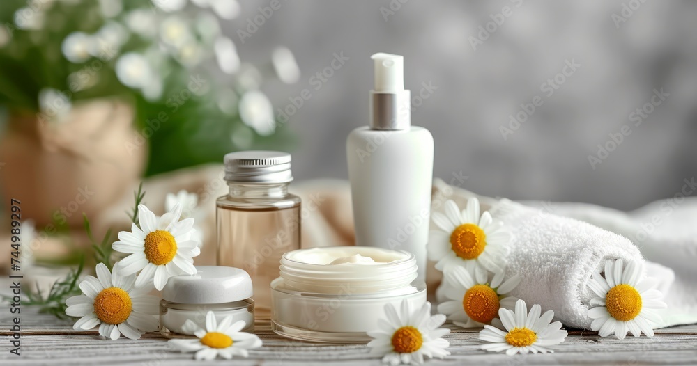 Skin Care Products and Chamomile Flowers Merging Beauty on a Wooden Table Skin Care Products and Chamomile Flowers Merging Beauty on a Wooden Table