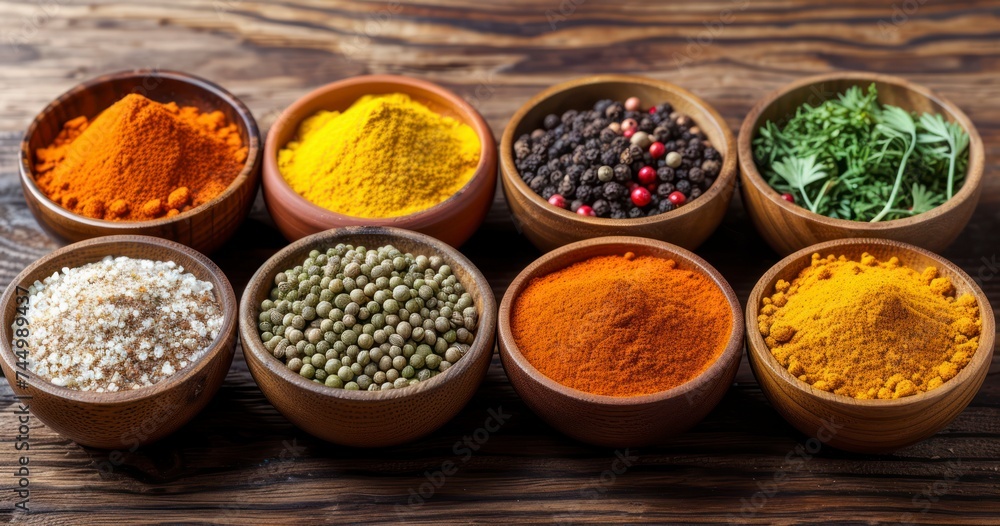 Culinary Treasures - An Assortment of Spices Neatly Arranged in Bowls on a Wooden Surface Culinary Treasures - An Assortment of Spices Neatly Arranged in Bowls on a Wooden Surface