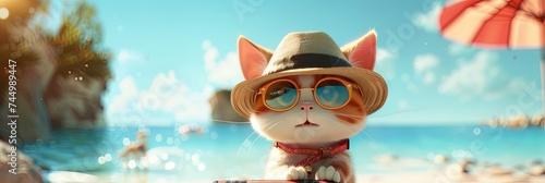 Cat lounging on the beach with sunglasses and hat in modern 3D animation style © Brian