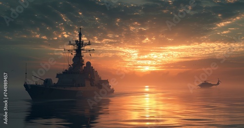 A Majestic Maritime Scene Featuring a Special Forces Destroyer and a Protective Chopper in the Distance