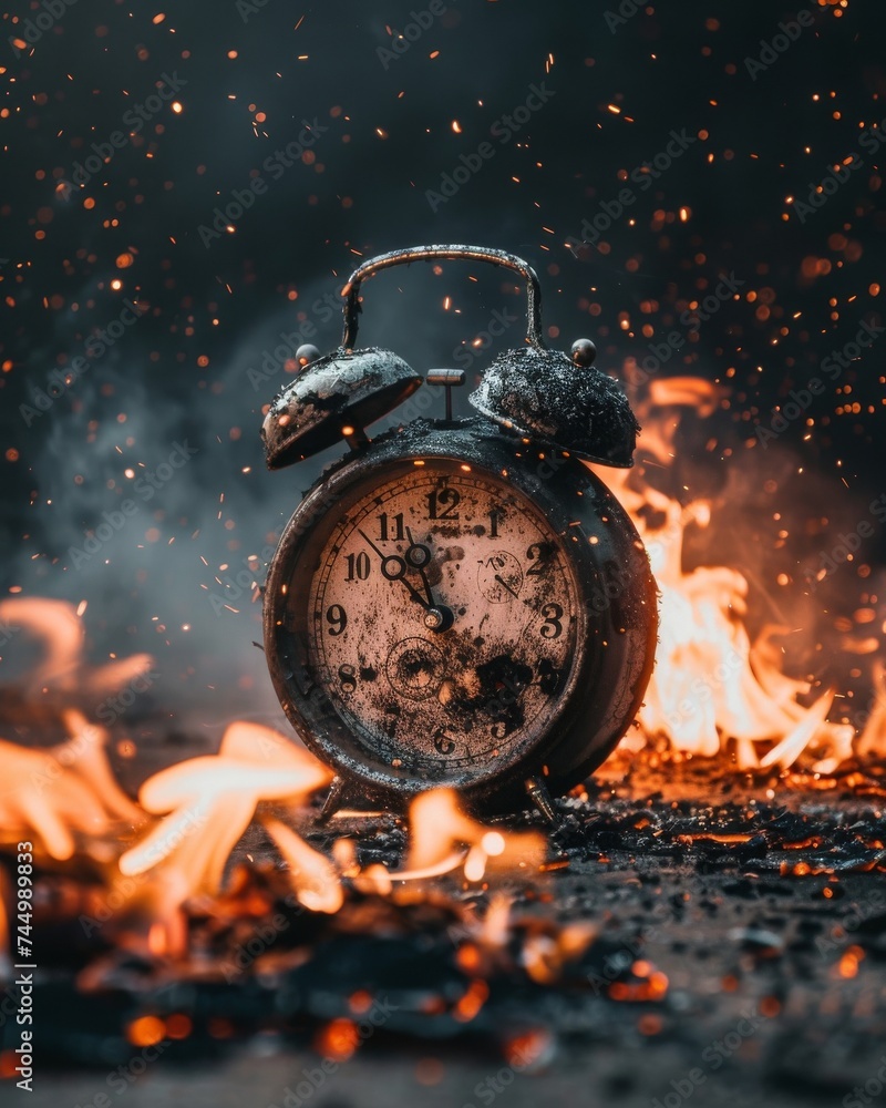 An antique clock surrounded by smoldering embers symbolizing the burnout from chasing relentless deadlines - obrazy, fototapety, plakaty 