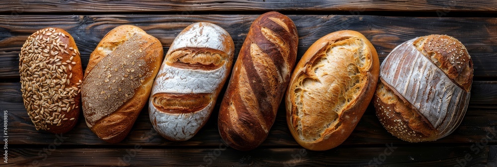 Diverse bread types rich in whole grains artfully arranged on wood Kitchen wholesome food theme