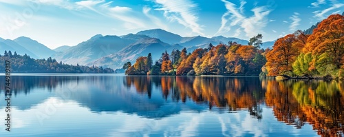 A serene mountain landscape in autumn featuring a crystal clear lake reflecting the vivid colors of fall foliage