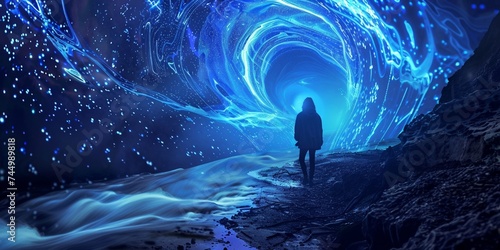 A time traveler cloaked in light wandering through an ethereal wonderland where bioluminescent rivers flow