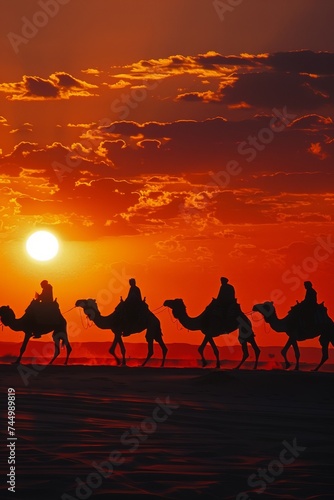 An aerial perspective of a silhouetted camel caravan journeying across the desert with a dramatic orange hued sunset