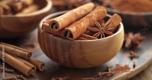 An Array of Cinnamon Sticks and Anise Nestled in a Wooden Bowl on a Homely Table