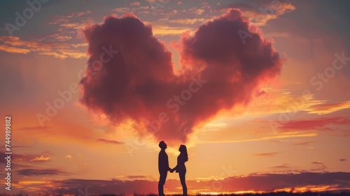 Dreamy heart cloud at sunset pink and orange hues silhouette of a couple below