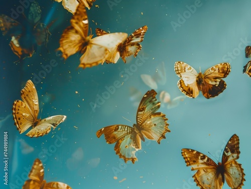 Digitized butterfly stages embodying powerful business metamorphosis on an abstract blue canvas