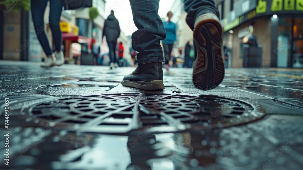 People stepping into a manhole on a city sidewalk warping to destinations modern cityscape teleportation concept - obrazy, fototapety, plakaty 
