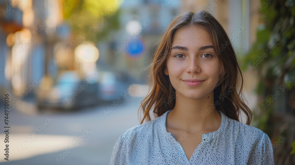 A composed young woman stands confidently on a city street, with a soft focus background that highlights her and gives a vibrant urban atmosphere.