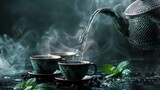 Hot tea is pouring from a teapot into cup with magical morning background