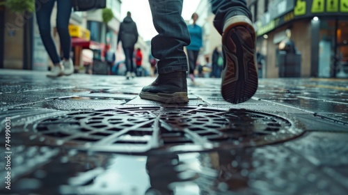 People stepping into a manhole on a city sidewalk warping to destinations modern cityscape teleportation concept photo