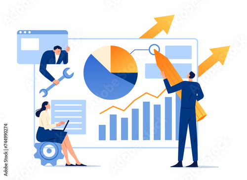 Data analysis tiny people working dashboard chart and graph business statistic