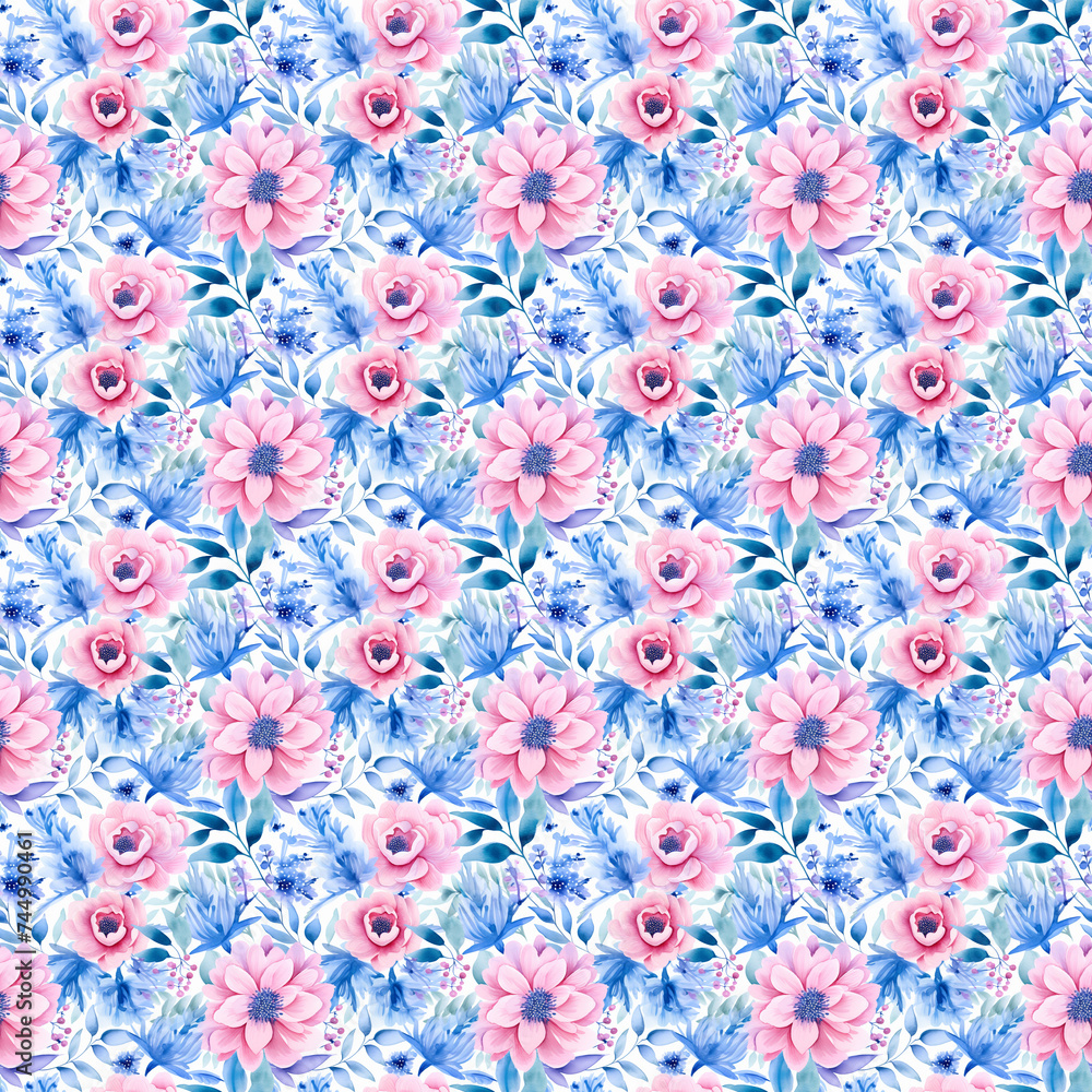 Decorative Seamless Floral Pattern in Blue and Pink Watercolor. Suitable for Various Uses