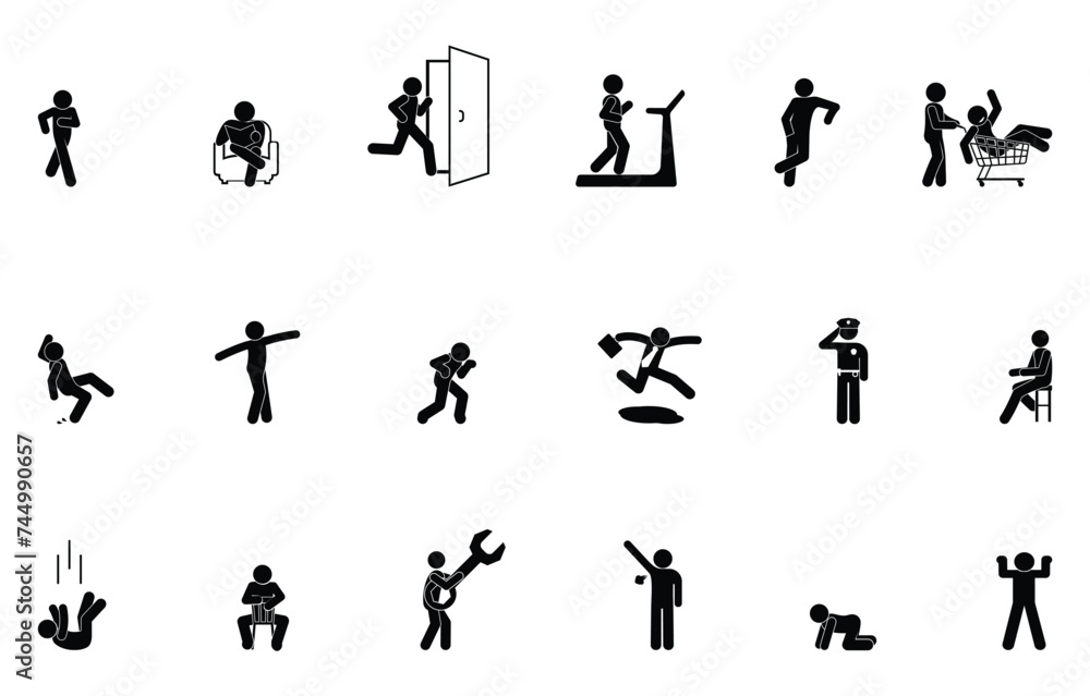 man icon, stick figure human silhouette, people pictogram set