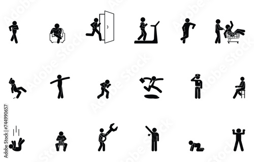 man icon, stick figure human silhouette, people pictogram set
