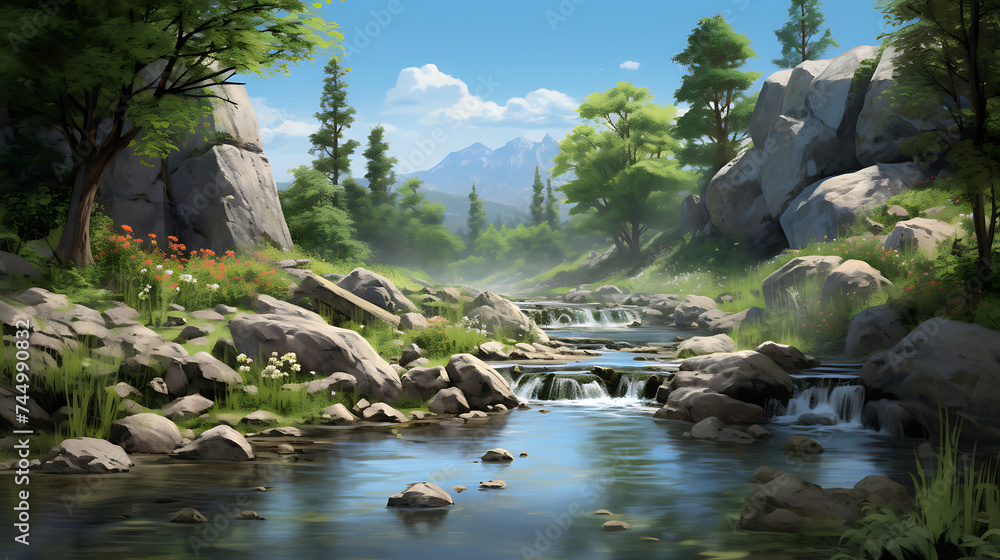Present a serene river scene with stones and a gentle waterfall.