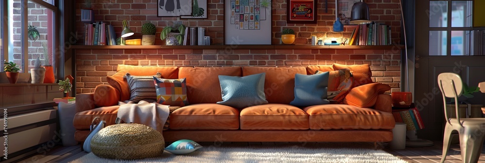 Contemporary living room in modern 3D animation style