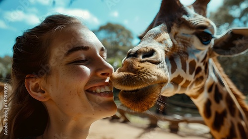 Joyful woman interacting with a giraffe in a sunny natural reserve. a candid moment of human-animal connection. perfect for wildlife enthusiasts. AI © Irina Ukrainets