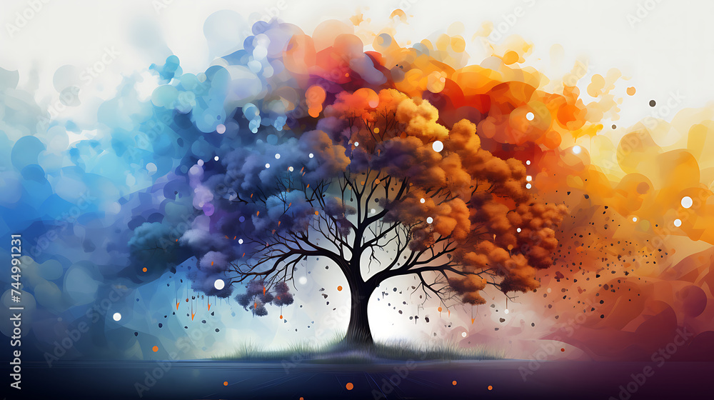 Painting of a tree with rainbow colored isolated illustration - obrazy, fototapety, plakaty 
