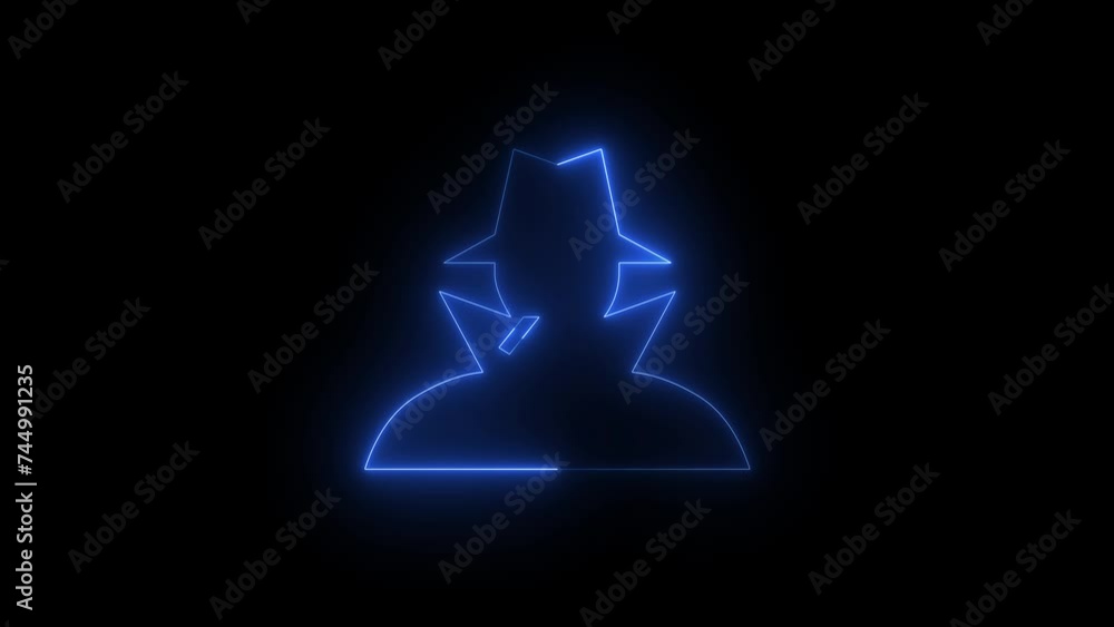 Neon glowing blue detective icon animation in black background Neon glowing blue detective icon animation in black background