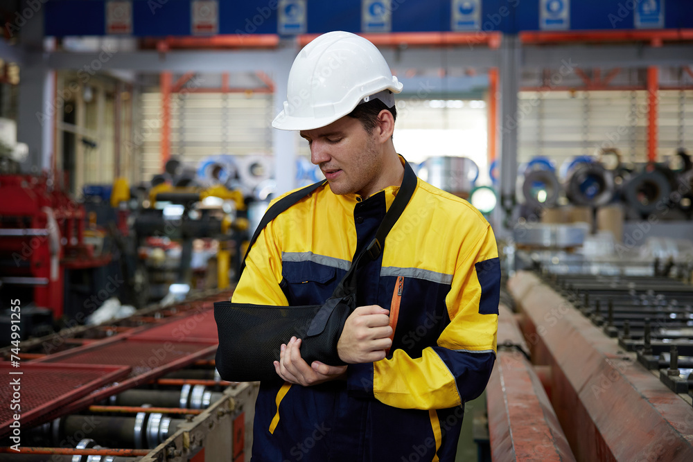 worker or engineer wearing bandages splint, pain in elbow and ache in arm from hard work in the factory worker or engineer wearing bandages splint, pain in elbow and ache in arm from hard work in the factory