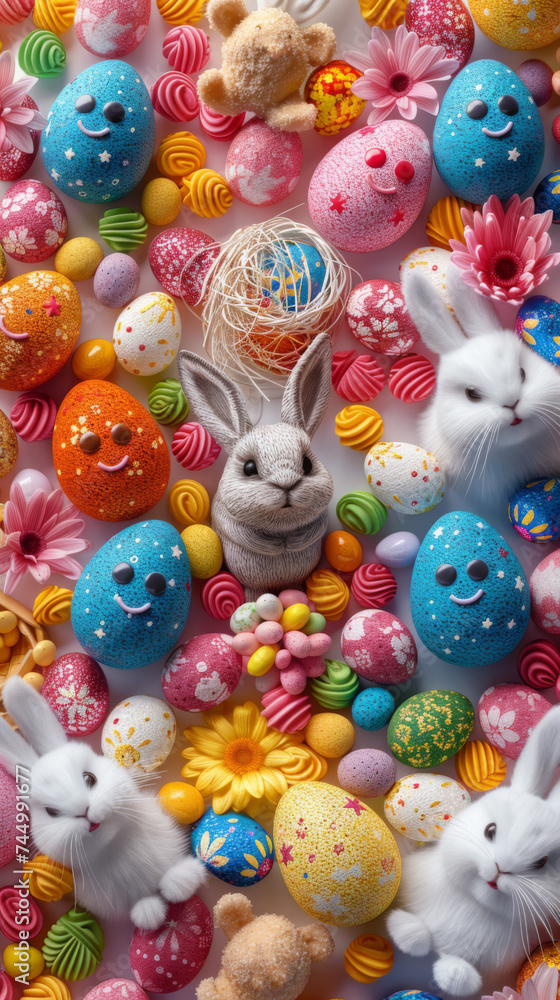 A bunch of different colored easter eggs and bunnies