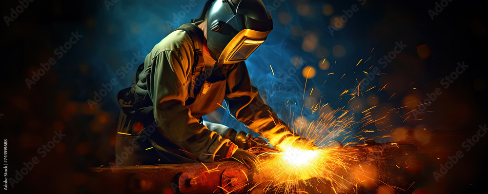 Metal welder working with arc welding machine to weld steel at factory. generative ai Metal welder working with arc welding machine to weld steel at factory. generative ai