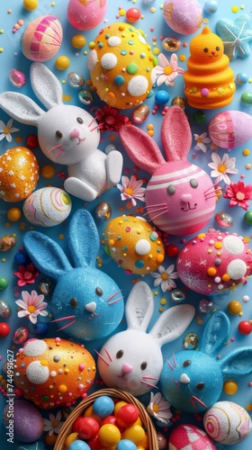 A bunch of colorful easter bunnies sitting on top of a table