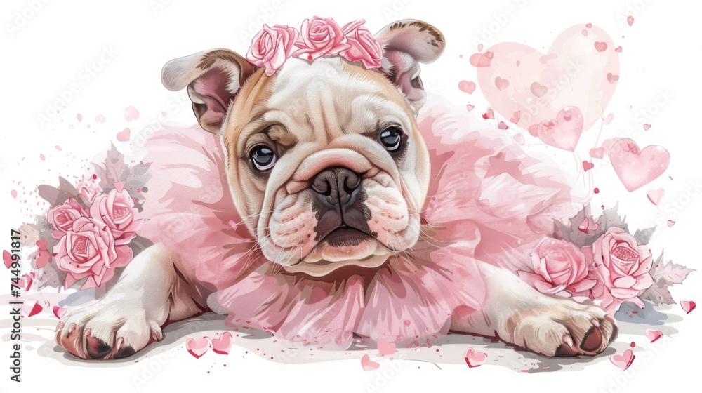 A dog wearing a pink tutu is laying down