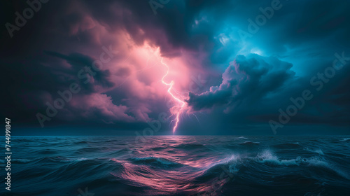 A sea with stormy clouds and strong lightning strikes the sea.