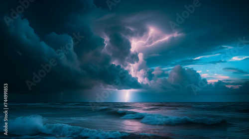 A sea with stormy clouds and strong lightning strikes the sea. © Gun
