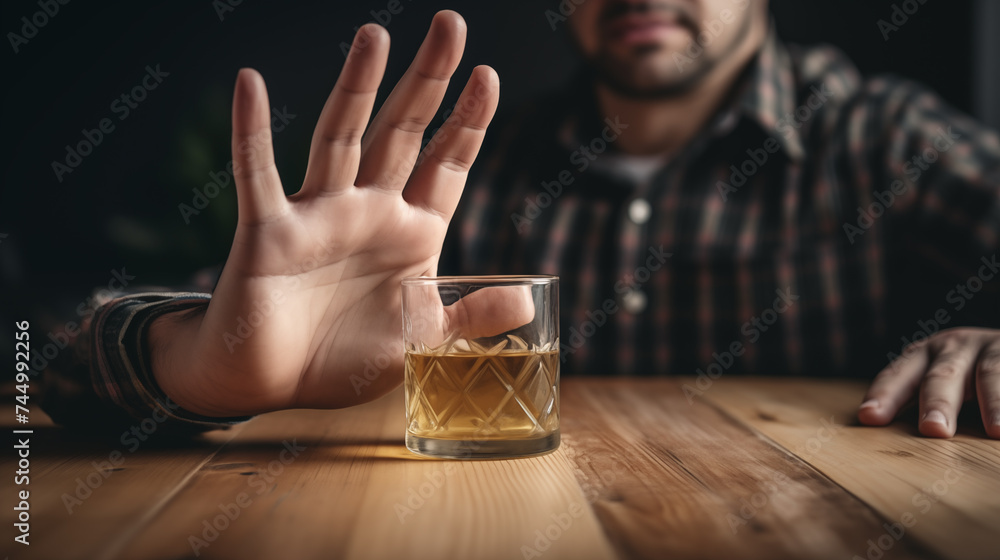 Refrain from whiskey or alcoholic beverages. Commitment to rehabilitation and overcoming the challenges of drug addiction and alcoholism - obrazy, fototapety, plakaty 