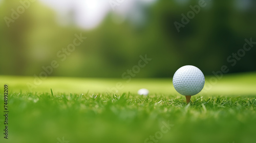 Golf ball on the tee, in the green grass, outdoor sports, the evening sun shines.