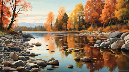Present a tranquil riverbank with stones reflecting the colors of autumn.
