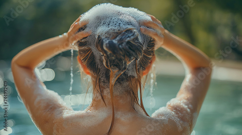 A young woman washing her hair has foam flowing from the top. Hair and scalp care