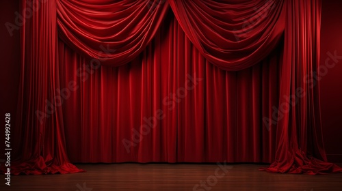 Stage in a theatre. Theater red velvet curtains.