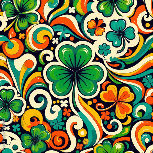 Retro multicoloured lucky four leaf shamrock clover St Patrick traditional symbol vector seamless pattern. Groovy Saint Patricks Day background