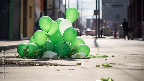 City streets decorated with green balloons and festive St. Patrick's Day decorations, honoring the tradition of the patron saint. 