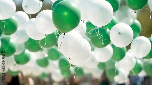 City streets decorated with green balloons and festive St. Patrick's Day decorations, honoring the tradition of the patron saint. 