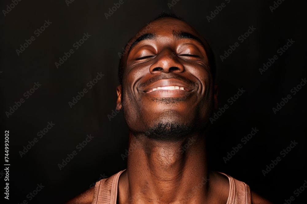A man with his eyes closed and a smile trying to hold back laughter on a black background A man with his eyes closed and a smile trying to hold back laughter on a black background